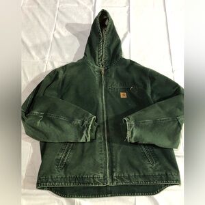 Vintage Carhartt Green Duck Canvas Fleece Lined Distressed Hooded Jacket XL
